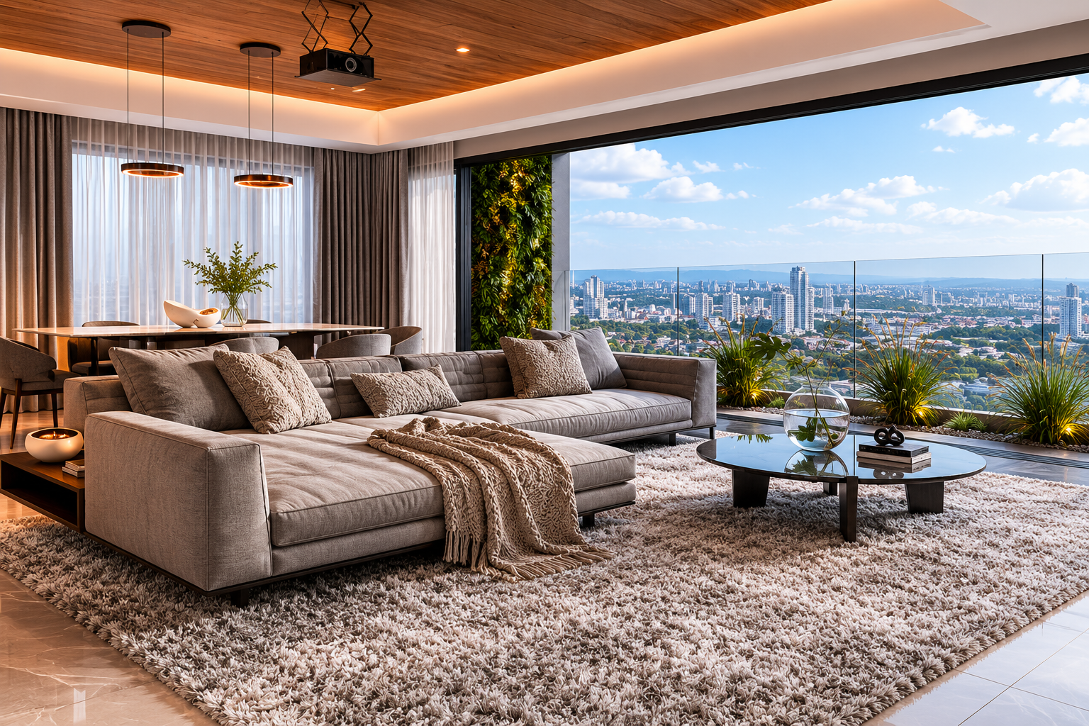 Sala sofisticada com vista ampla para a cidade