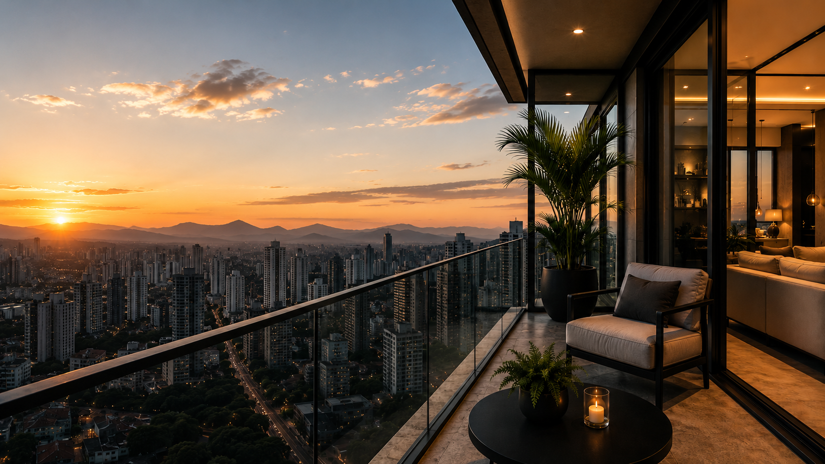 Varanda sofisticada com vista panorâmica da cidade ao pôr do sol